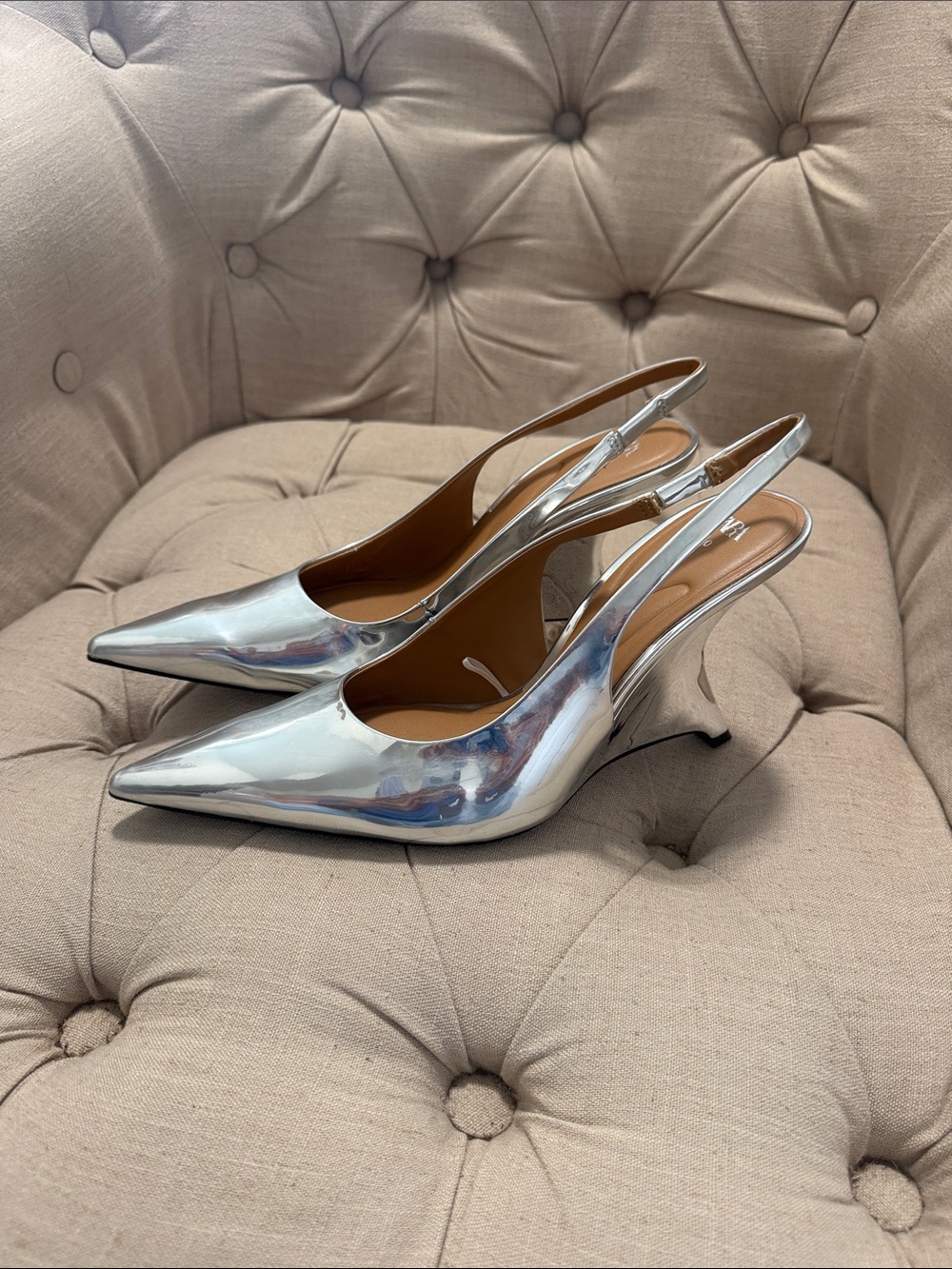 Zara Chrome Pointed Slingback Wedge Heels